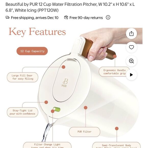 Beautiful x PUR White Pitcher and Gold Handle 12 cup w/ 3 PUR filters - Picture 3 of 7